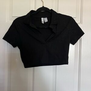 H&M Black Fitted Crop Polo Button Down